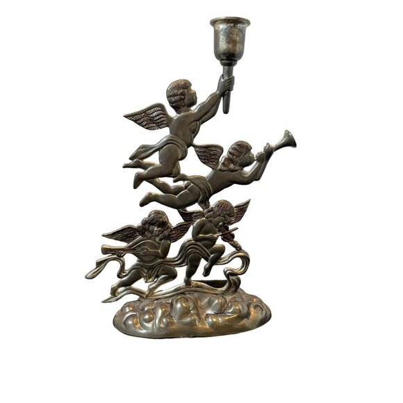 Vintage GODINGER Angel Cupid Cherub Candlestick Holder Silver Plated - Picture 3 of 6
